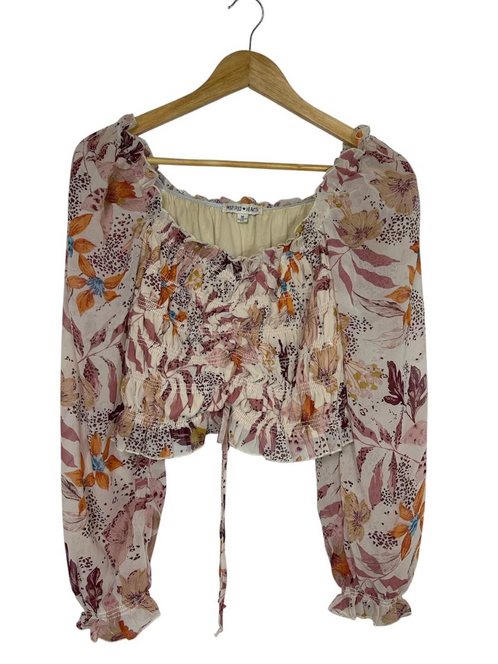 Inspired Hearts USA Made Pink Cream Multi Floral Front Smocked Crop Top M Boho